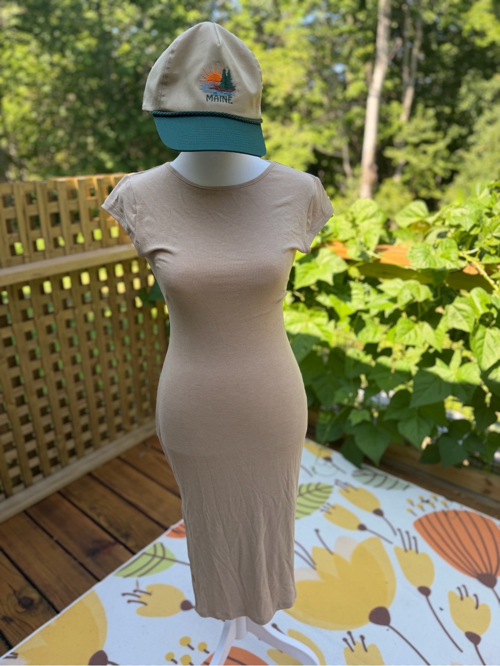 Beige Ribbed Bodycon Midi Dress *HAT NOT INCLUDED*